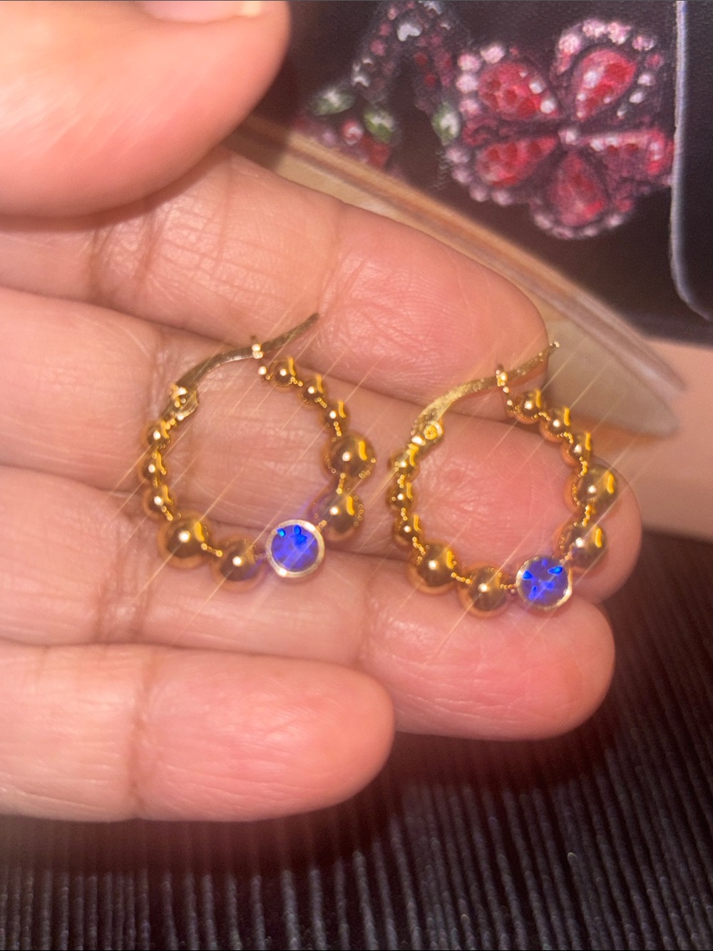 Gold Beaded Hoop Earrings with Blue Crystal Accent